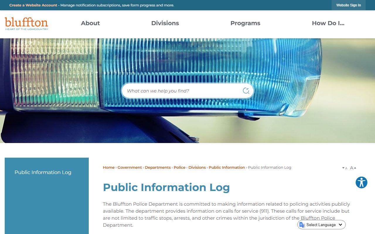 Bluffton Police Department public information log page with arrest data related to Bluffton jail mugshots