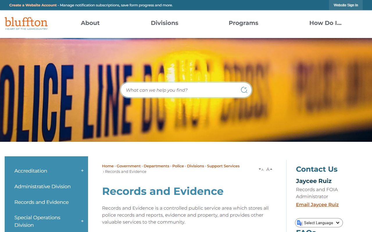 Bluffton Police Department records and evidence page for requesting Bluffton jail mugshots