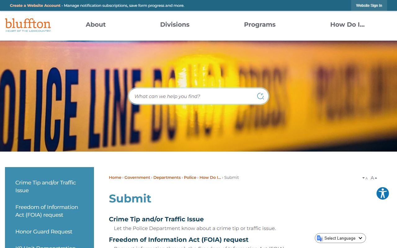 Bluffton Police Department form submission page for FOIA requests related to Bluffton jail mugshots