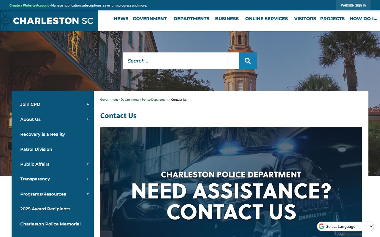 Charleston Police Department main contact page for requesting Charleston jail mugshots