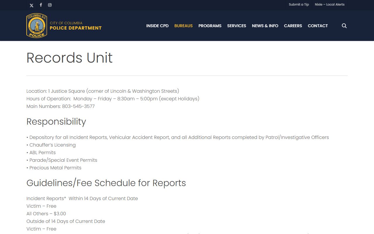Columbia Police Department Records Unit page for requesting Columbia jail mugshots and arrest reports