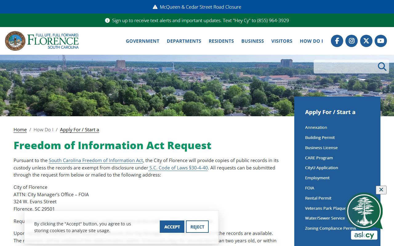 City of Florence FOIA request page for obtaining Florence jail mugshots and arrest records