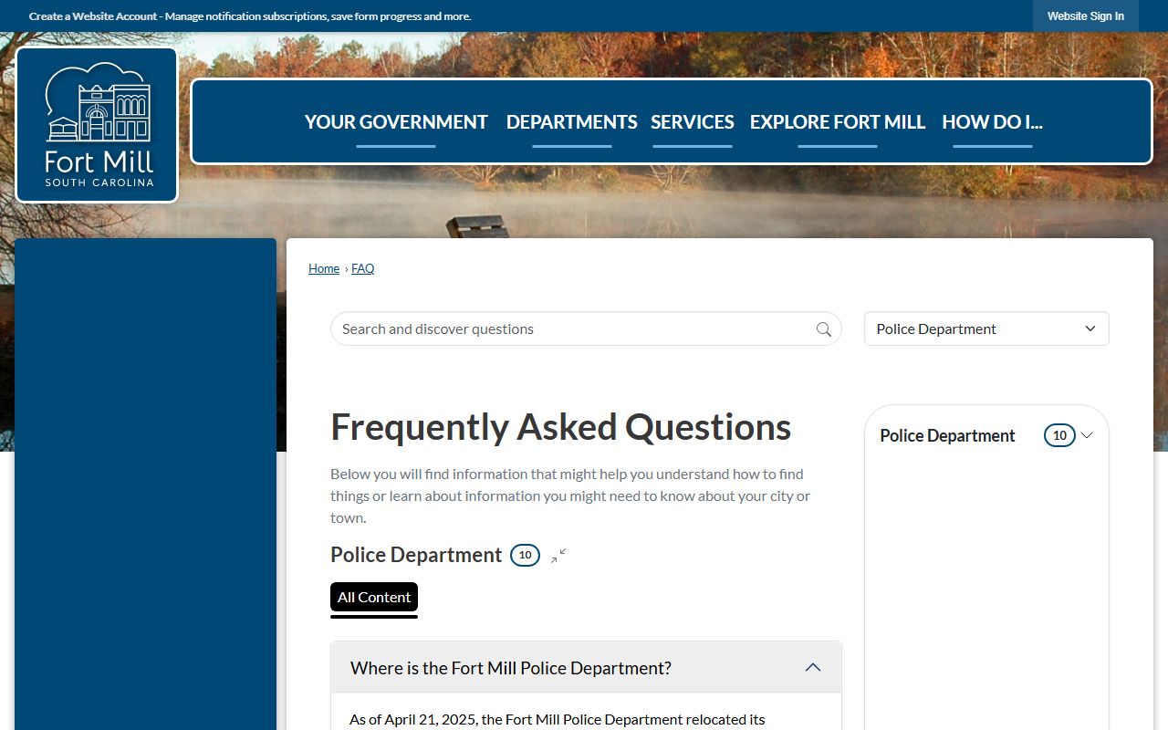 Fort Mill Police Department FAQ page about obtaining Fort Mill jail mugshots and police records