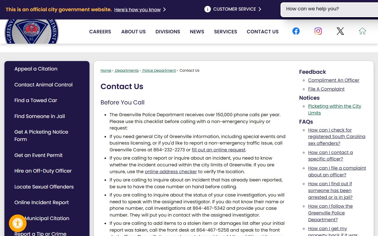 Greenville Police Department contact page for arrest records and jail mugshots