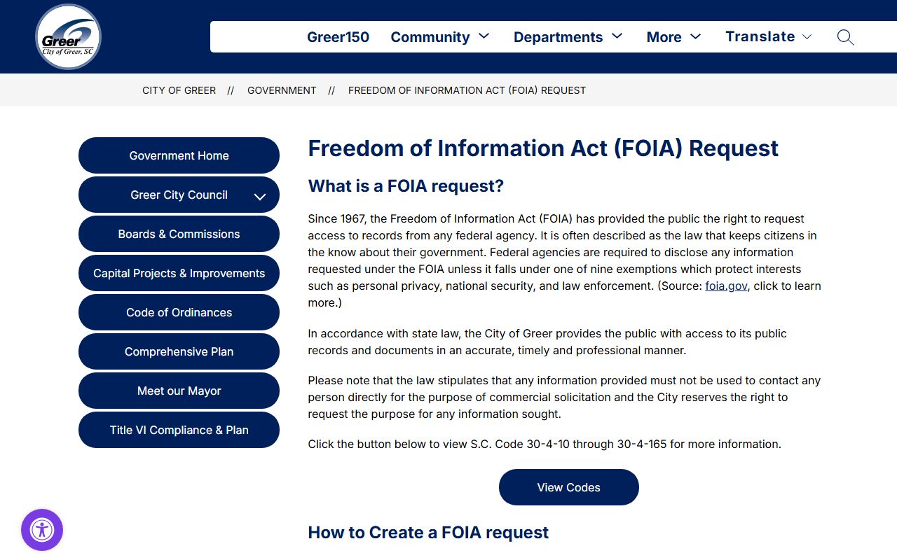 City of Greer FOIA request page for obtaining Greer jail mugshots and police records