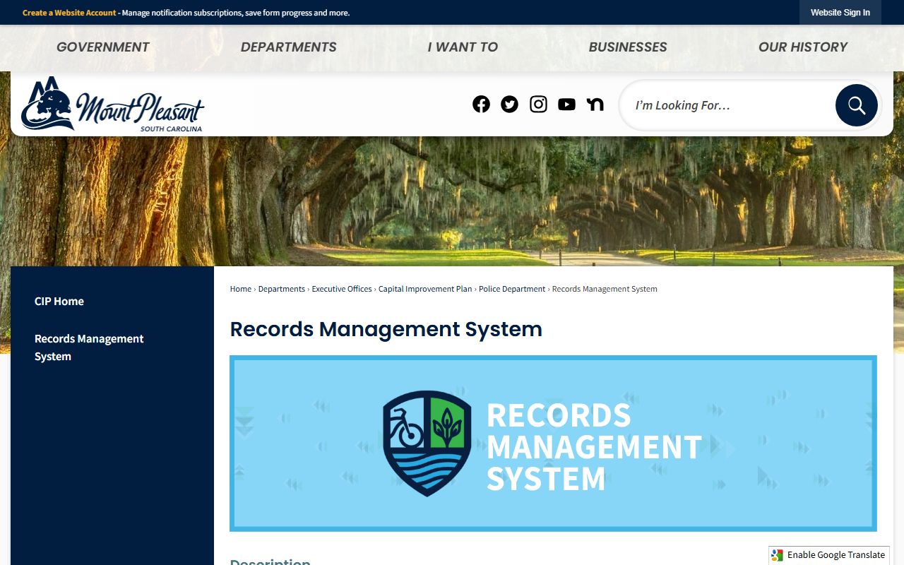 Mount Pleasant Police records management system for arrest records