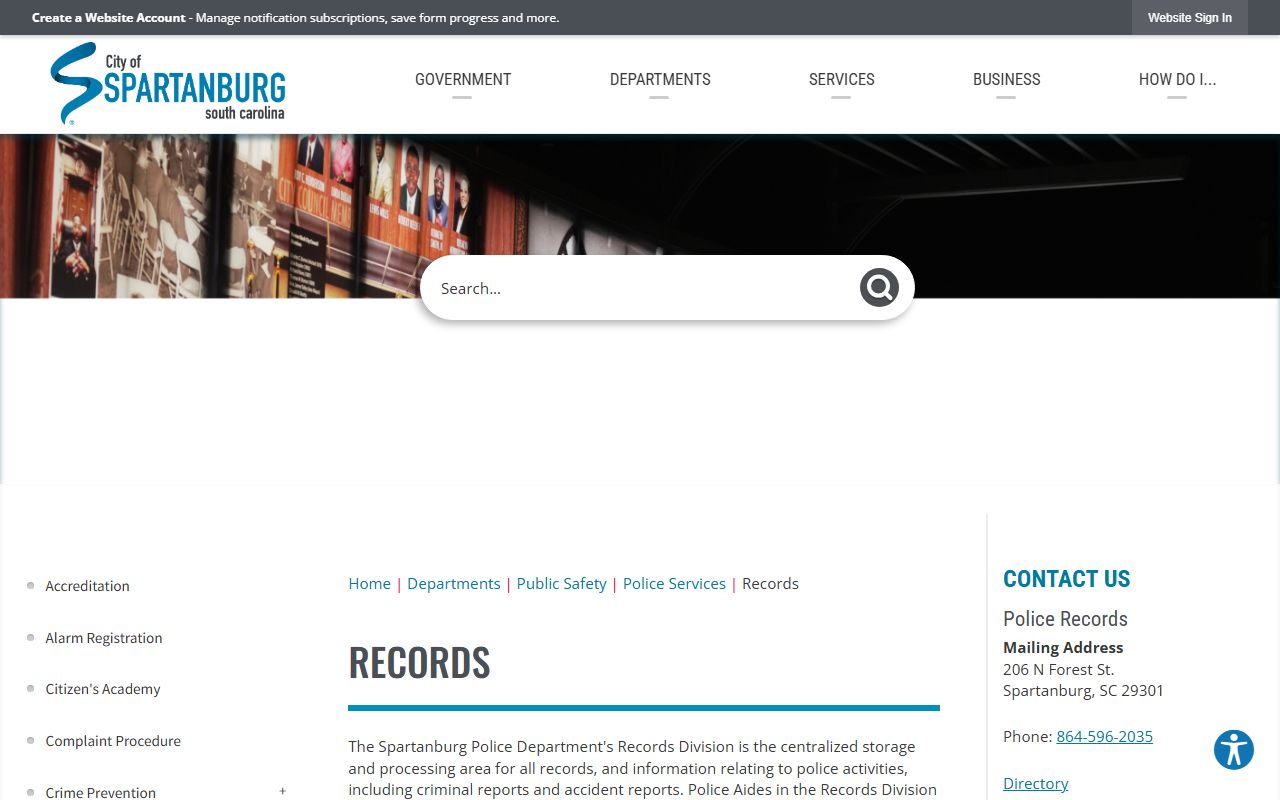 Spartanburg Police Department Records Division page for accessing Spartanburg jail mugshots