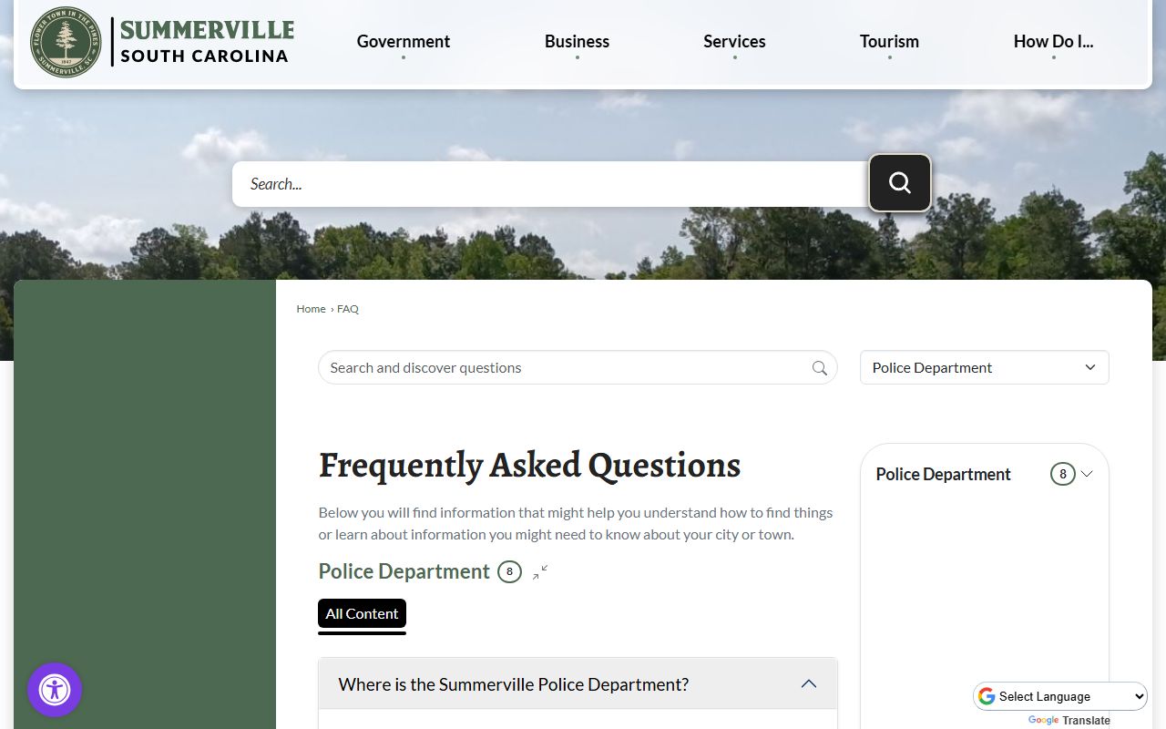 Summerville Police Department FAQ page with information about records requests and jail mugshots