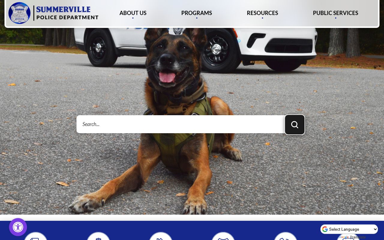 Summerville Police Department website showing department contact information for jail mugshot requests
