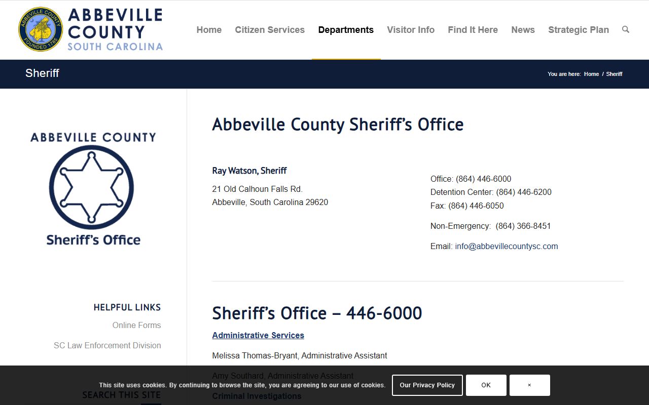 Abbeville County Sheriff's Office website for jail mugshots and arrest records