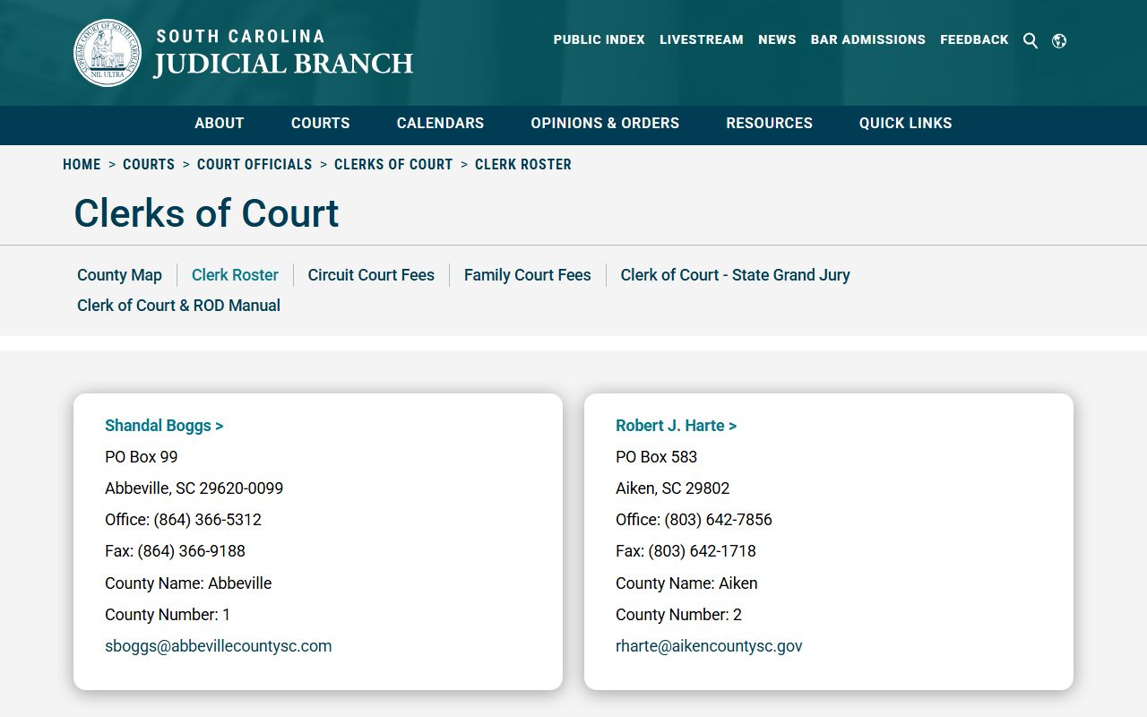 SC Courts clerk roster page listing Allendale County court officials for jail mugshot records