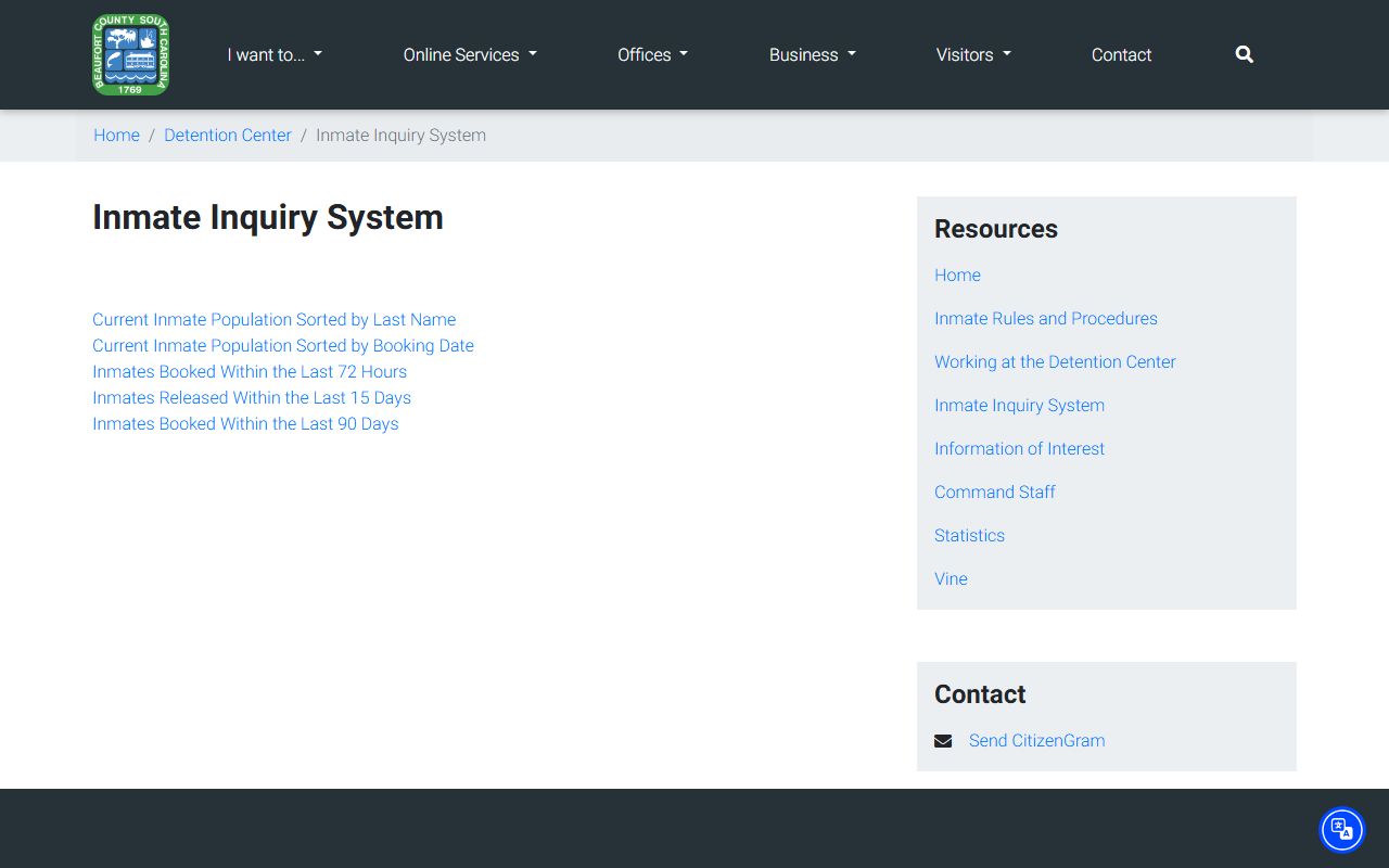 Beaufort County inmate inquiry system showing jail mugshots and booking records
