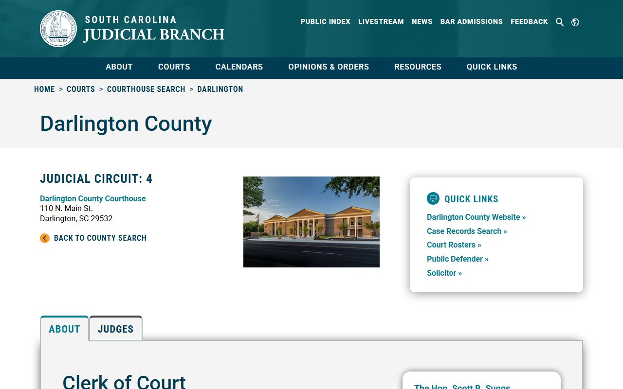 SC Judicial Branch courthouse information page for Darlington County jail mugshot records