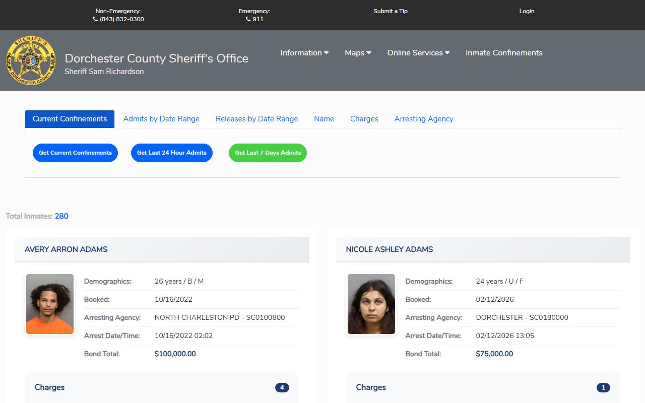 Dorchester County Citizen Connect inmate search portal for jail mugshots