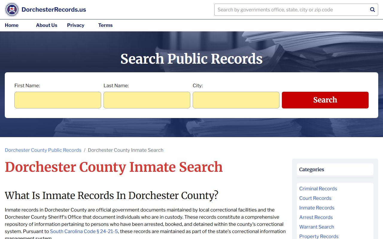 Dorchester County records portal for jail mugshots and inmate search