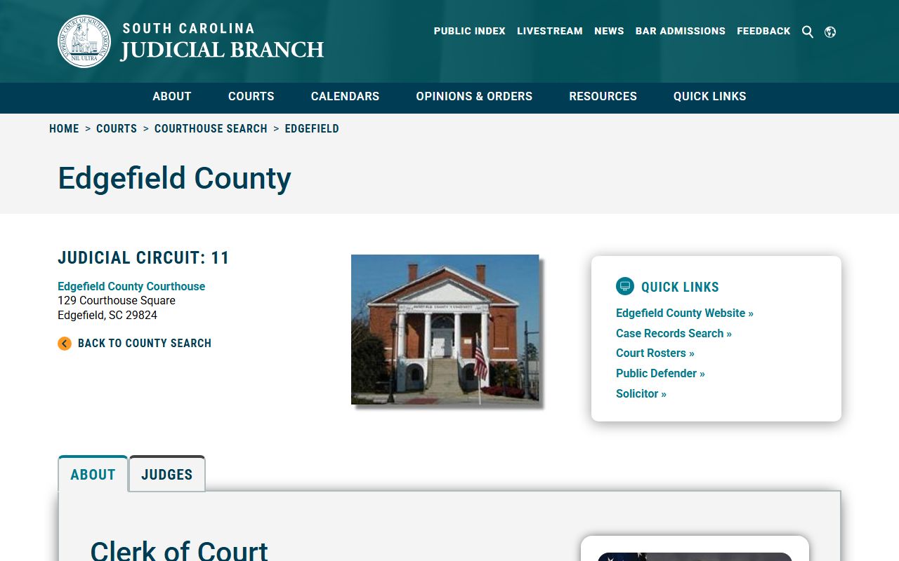 South Carolina Judicial Branch courthouse page for Edgefield County jail mugshots and court records