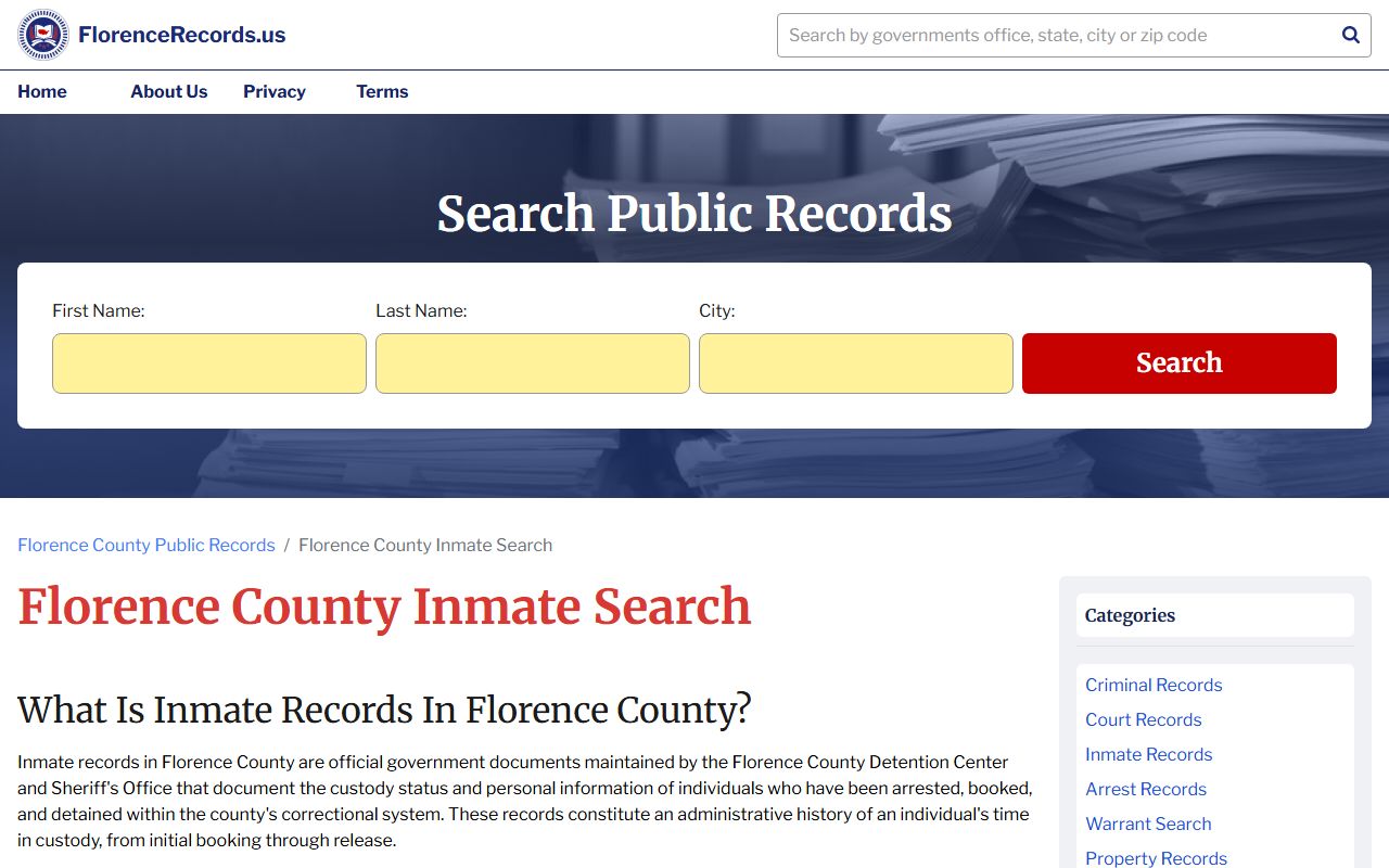 Florence County inmate search page for jail mugshots