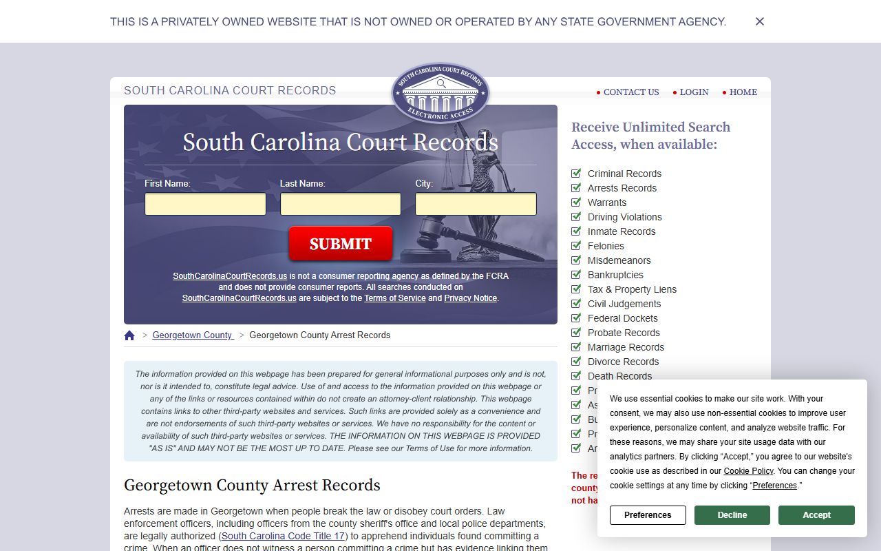 Georgetown County arrest records page for jail mugshots and booking data