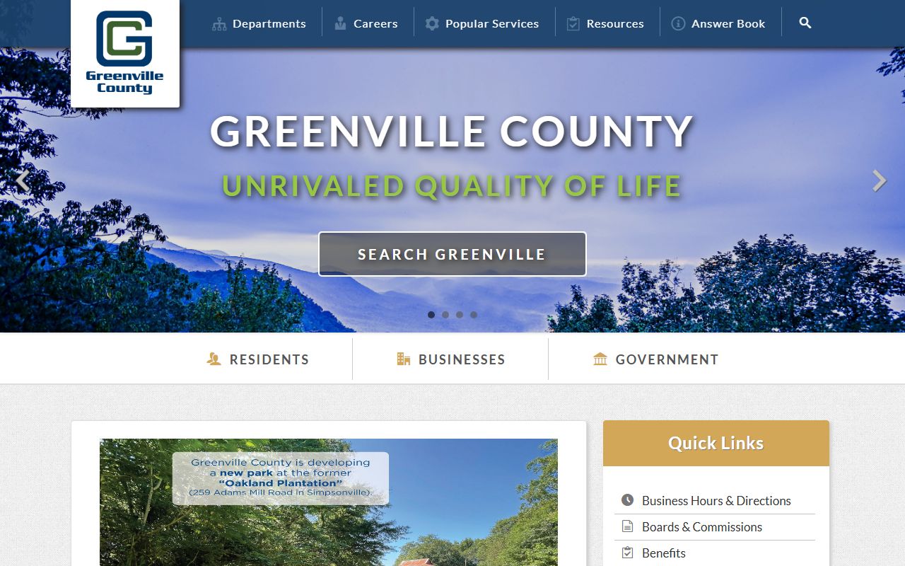 Greenville County government website with links to jail mugshots and sheriff services