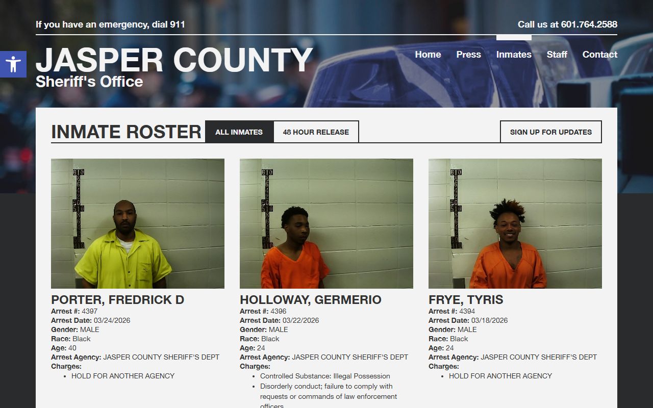 Jasper County inmate roster showing jail mugshots and arrest details
