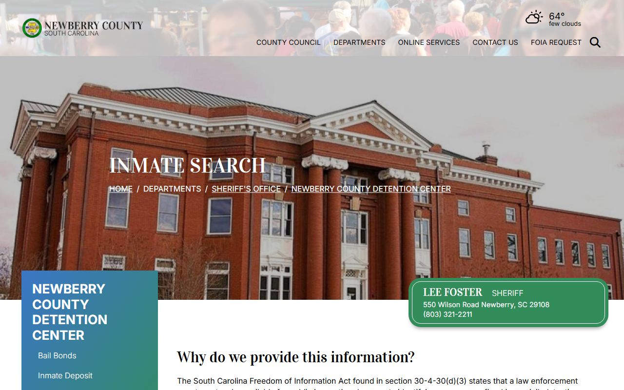 Newberry County online inmate search portal for jail mugshots