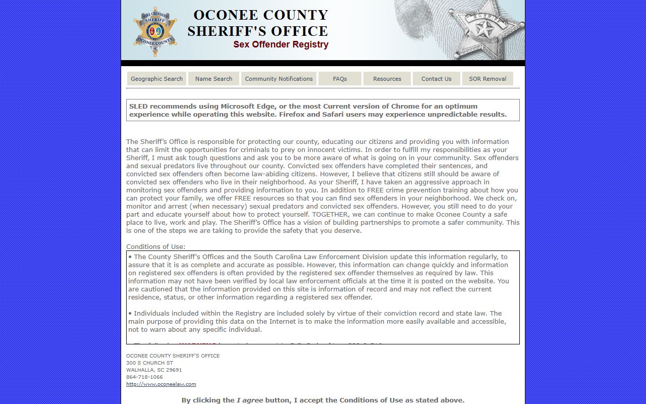 Oconee County sex offender registry search for public safety records