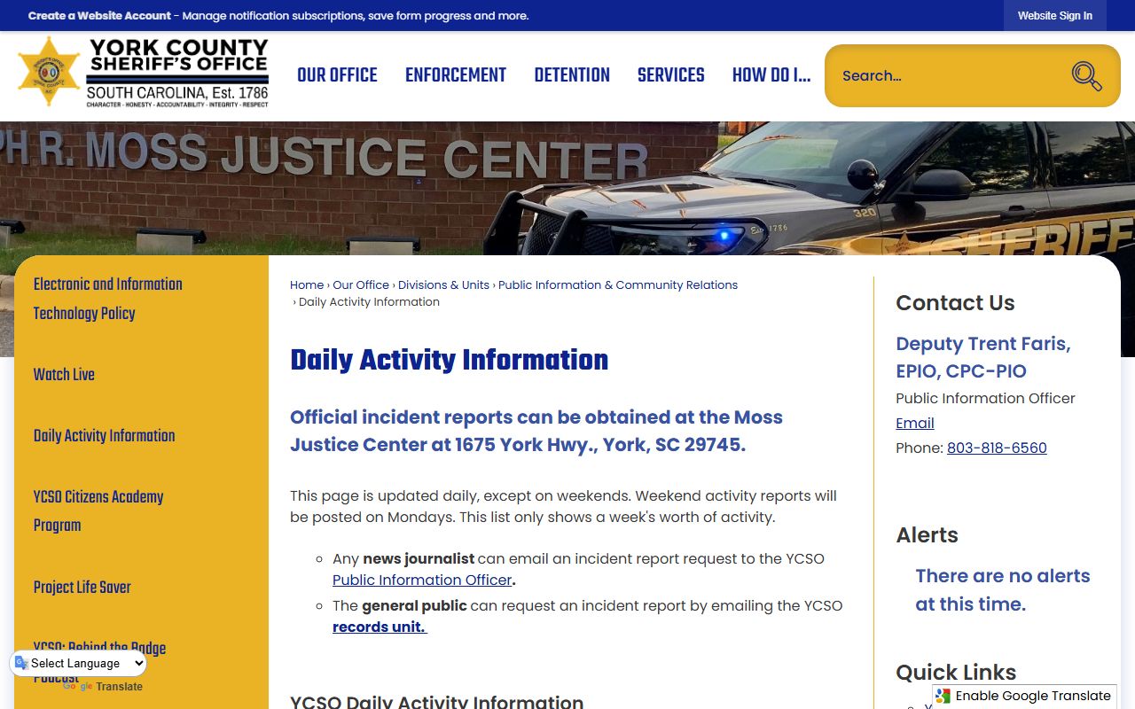 York County daily activity report showing recent arrests and jail mugshots