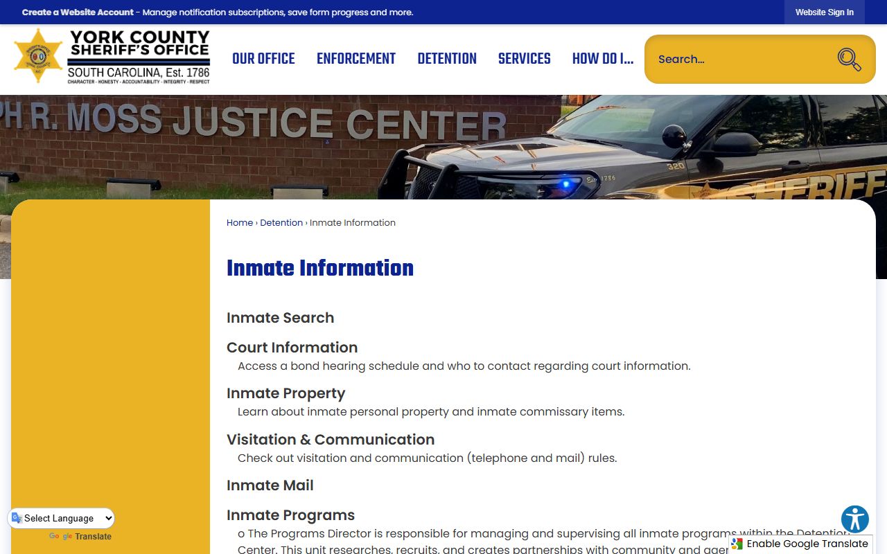 York County inmate information page for jail mugshots and booking data