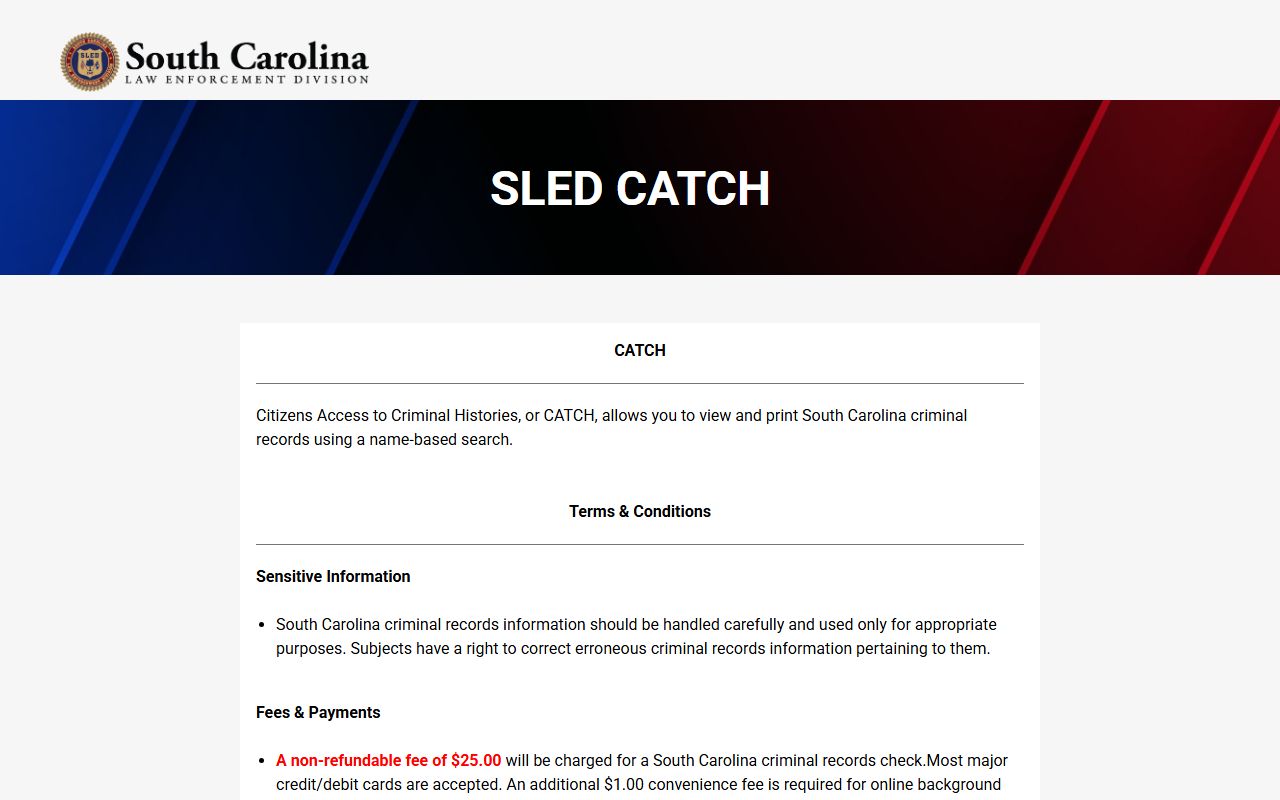 South Carolina SLED CATCH search portal for jail mugshots and criminal history
